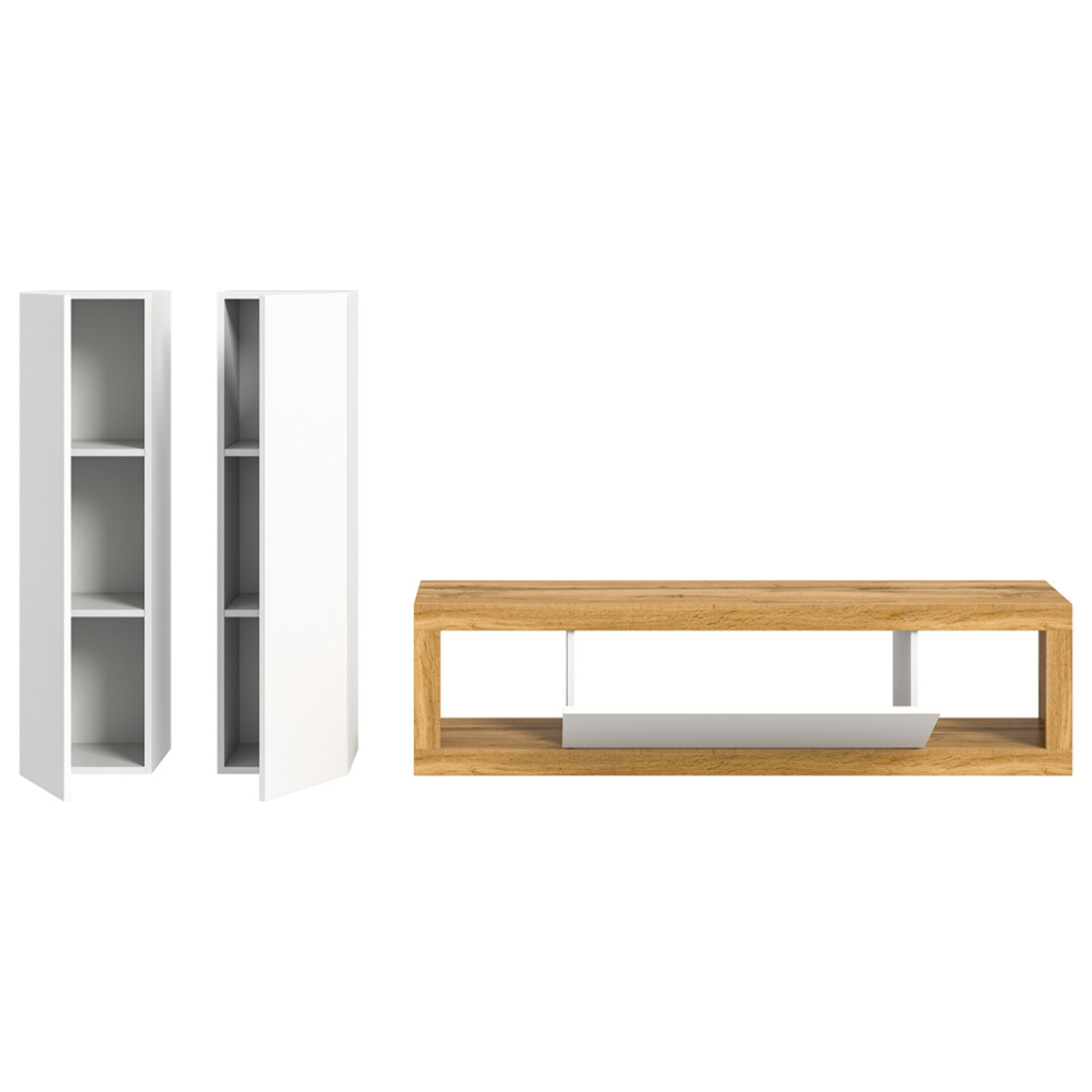 Ethan – meuble tv 150 cm + 2 armoires murales 110 cm - bois et blanc - Bois / Blanc