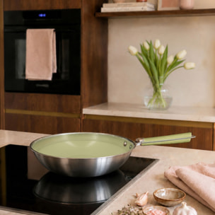 Wok 28cm en acier inoxydable et manche amovible vert AGLAE