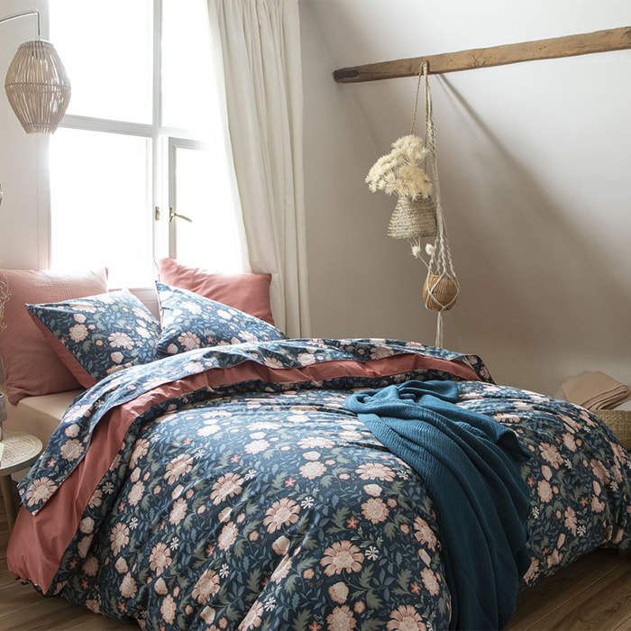 Housse de couette imprimée en percale de coton, FAIRY BLOSSOM, Bleu nuit