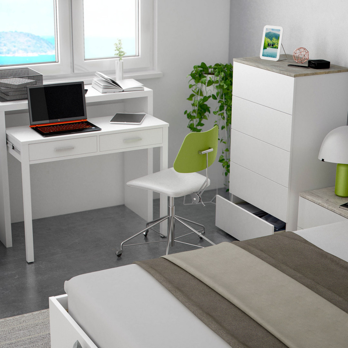 Cabezal + 2 Mesitas De Noche 2 Cajones 96x256x34 Cm Blanco Artik / Roble Alaska