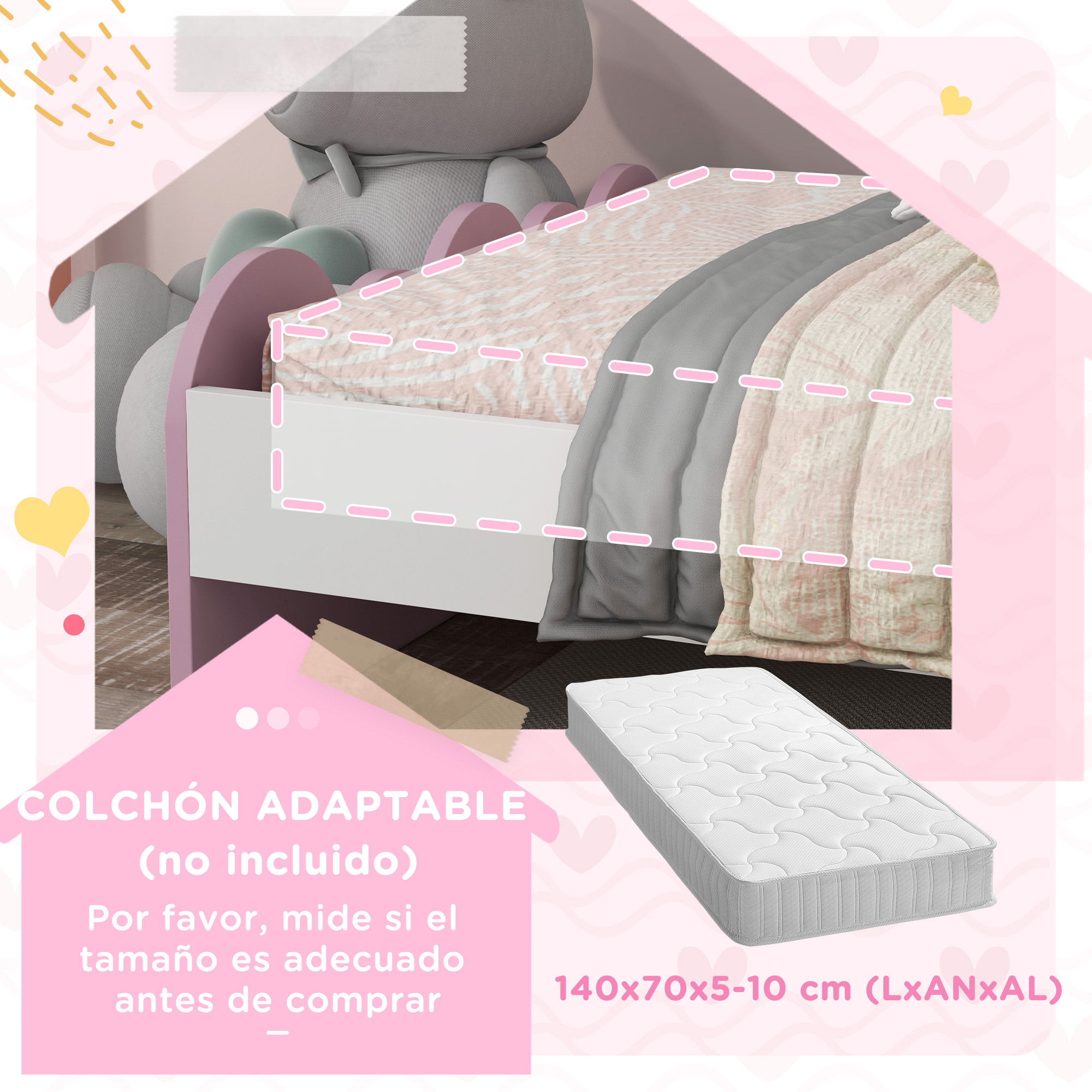 Cama para Niños de 3-6 Años 143x74x66 cm Cama Infantil de Madera en Forma de Arcoíris Mueble de Dormitorio Moderno Carga 80 kg Rosa