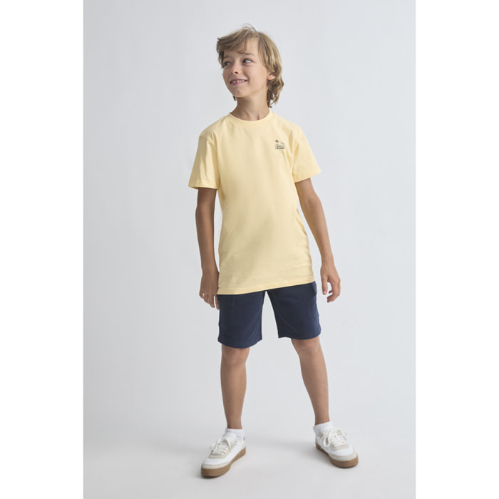 Camiseta de Manga Corta Lisa con Pequeno Logo de Palmera Bordado Estilo Veraniego | Color: Amarillo claro | Street Monkey