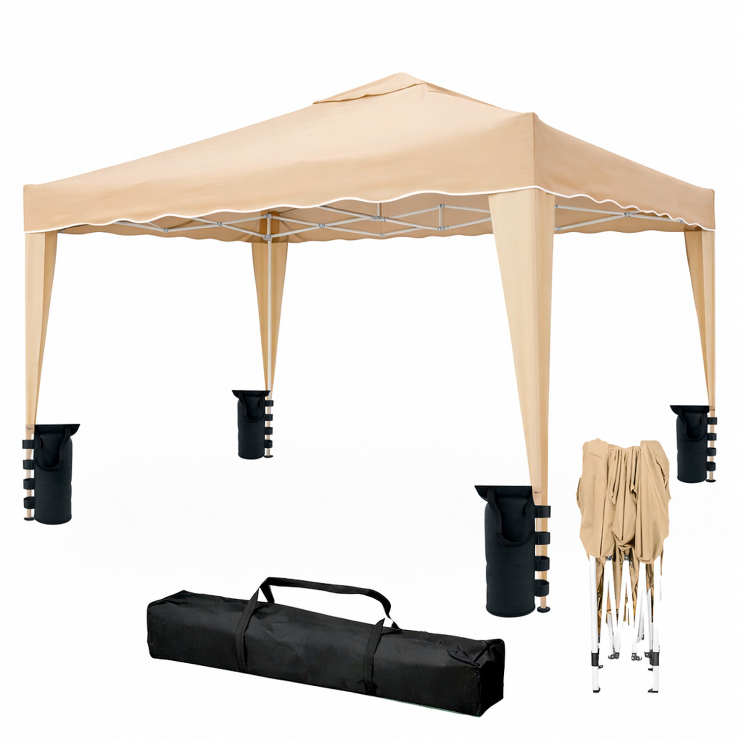 Gazebo Pieghevole 3x4 M in Acciaio con Telo Idrorepellente 160 g/m² Anti-UV Struttura Robusta Apertura Rapida con Borsa e 4 Sacche Beige