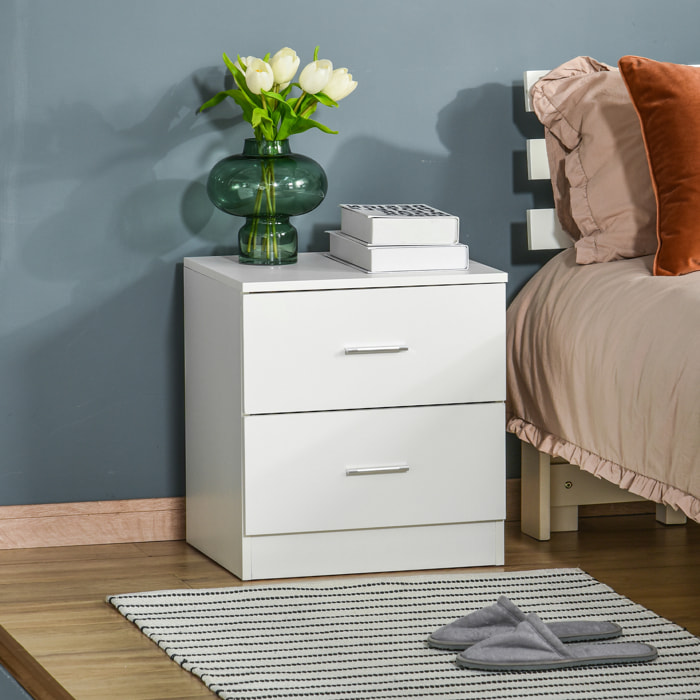 Chevet table de nuit style contemporain 2 tiroirs poignées alu blanc