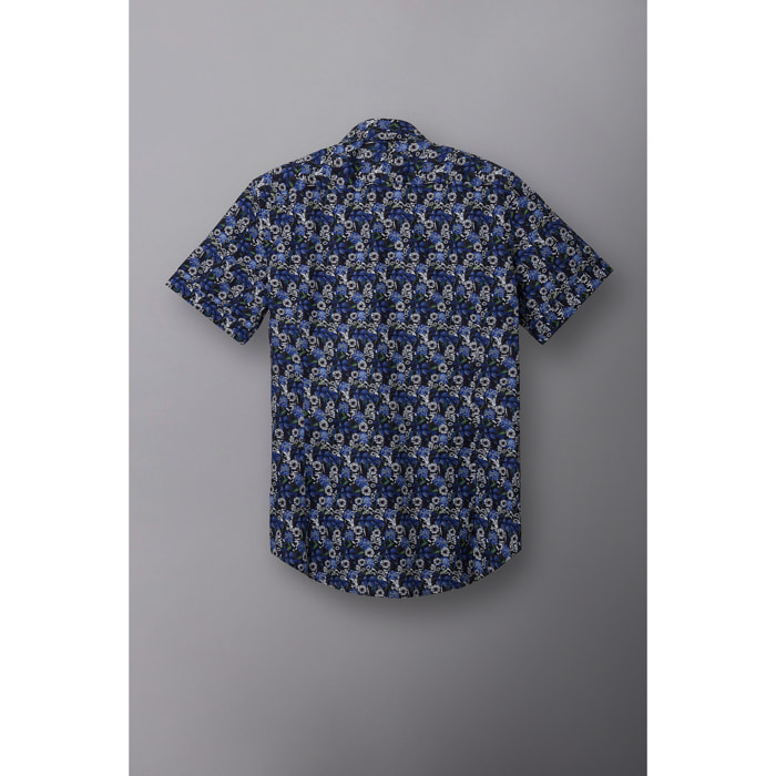 Camicia Uomo 1 Bottone Italiano Popeline Stampato Blu\Bianco