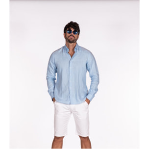 Camicia Uomo 2 Bottoni Button Down Slim Lino Unito Celeste