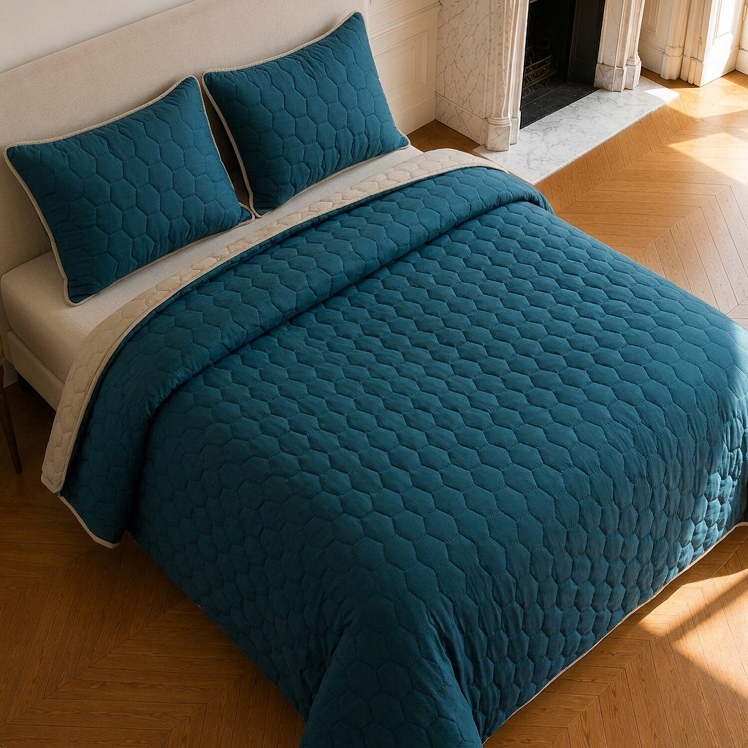 Couvre-lit matelassé réversible 100% polyester bicolore bleu marine - NAZIM