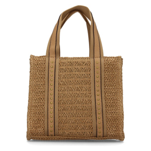 Bolso de hombro para mujer de rafia, diseño moderno con adornos metalicos.