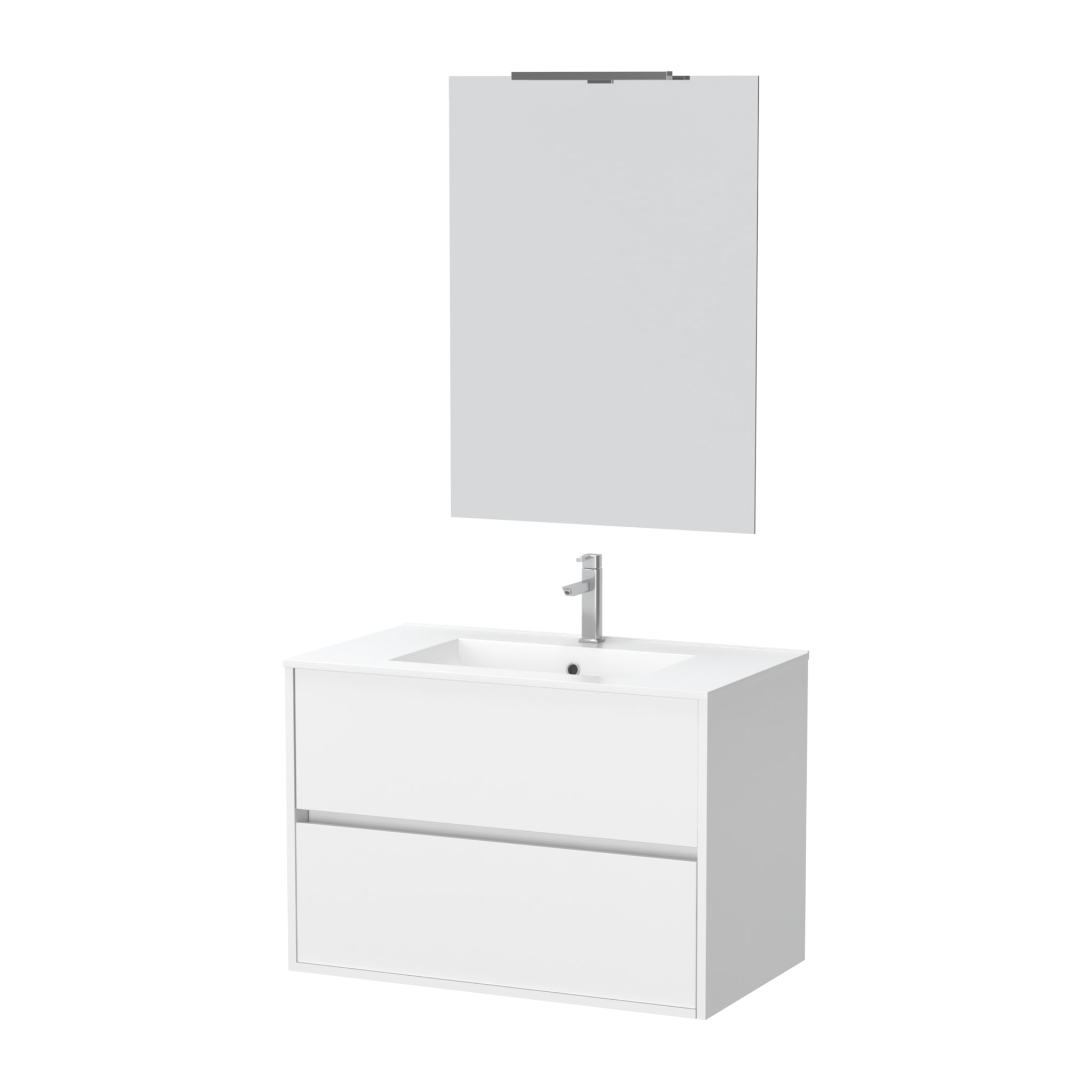 Pack Meuble Salle de Bains 80cm Blanc 2 Tiroirs, Vasque, Miroir 60x80 et réglette Led - XENOS