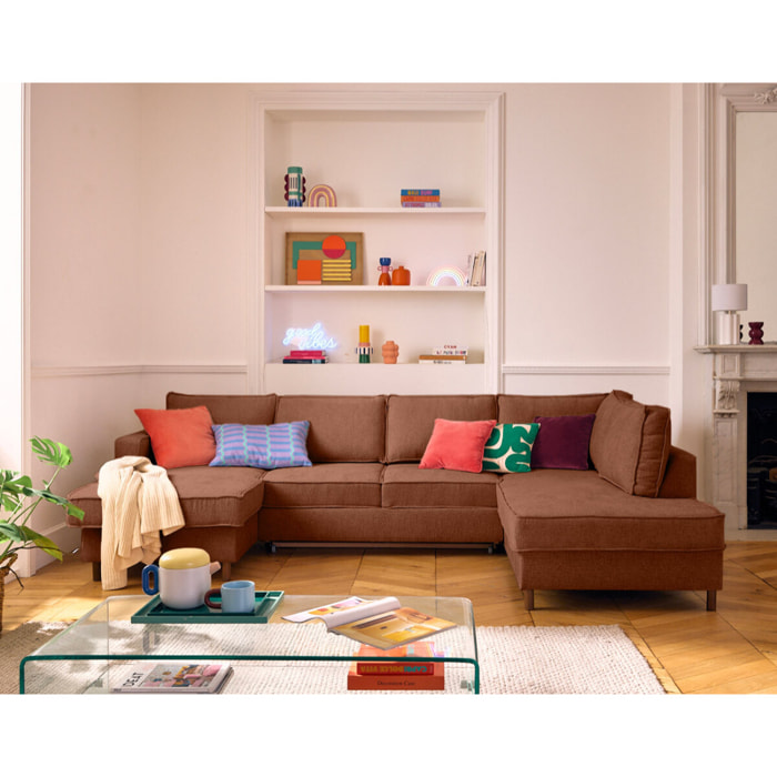 Jake - canapé panoramique d'angle droit 7 places convertible avec coffre en tissu velours relief - Terracotta