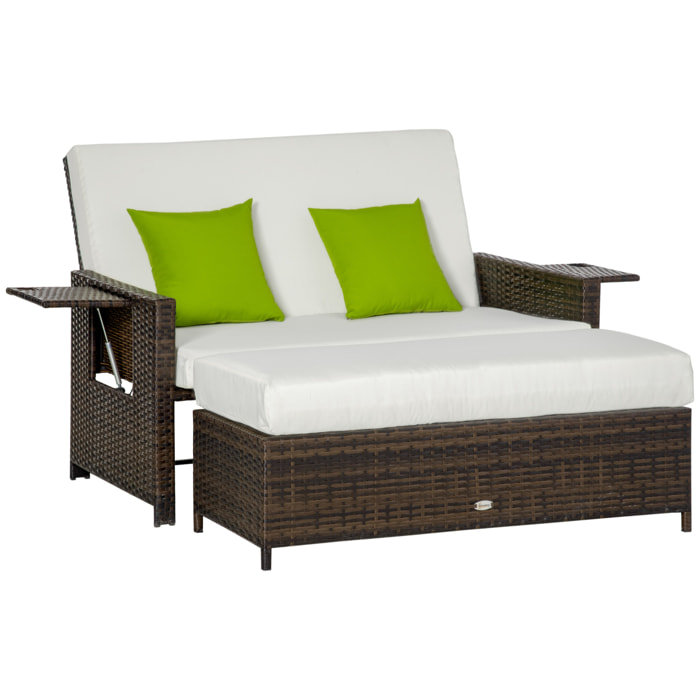 Sofá de Ratán de 2 Plazas con Mesitas y Reposapiés de Almacenaje Tumbona de Jardín con Respaldo Inclinable y Cojines Gruesos Desenfundables 130x72x96 cm Marrón y Beige