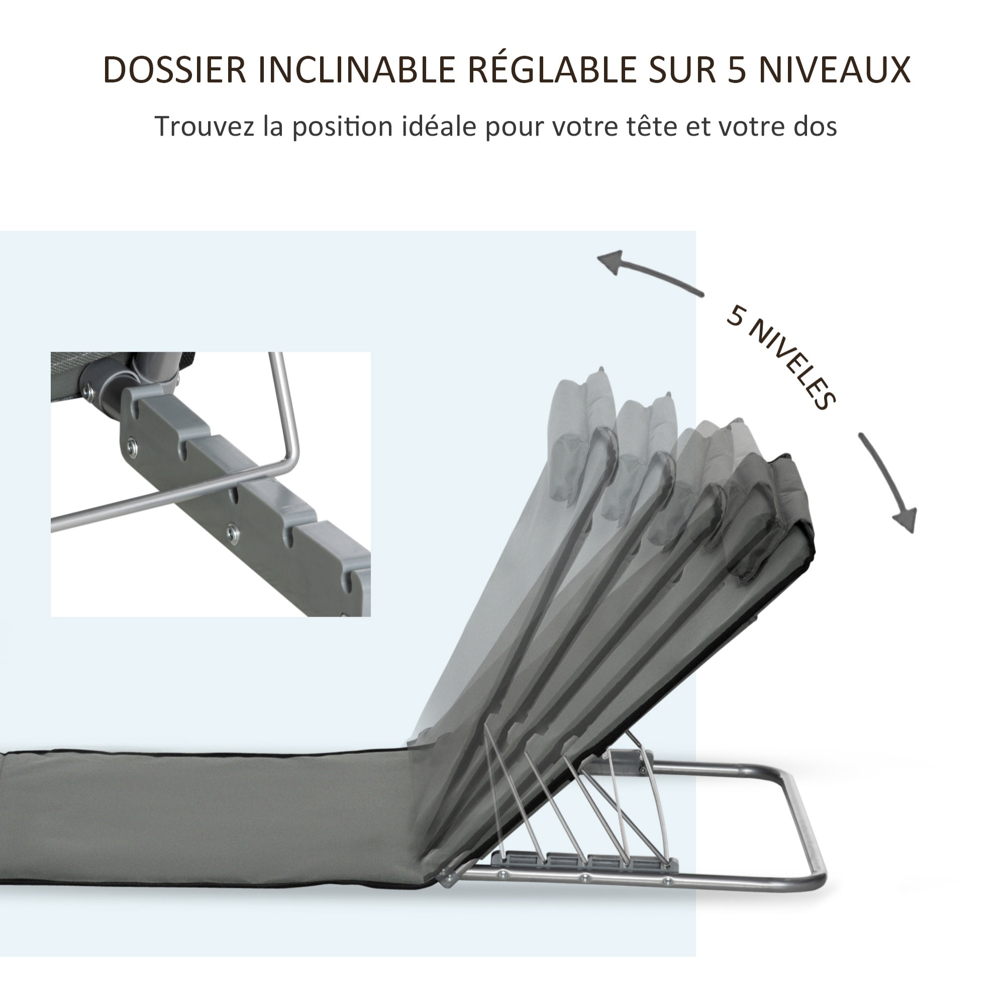 Lot de 2 tapis de plage rembourrés - dossier inclinable 5 positions - sac transport inclus - acier polyester gris