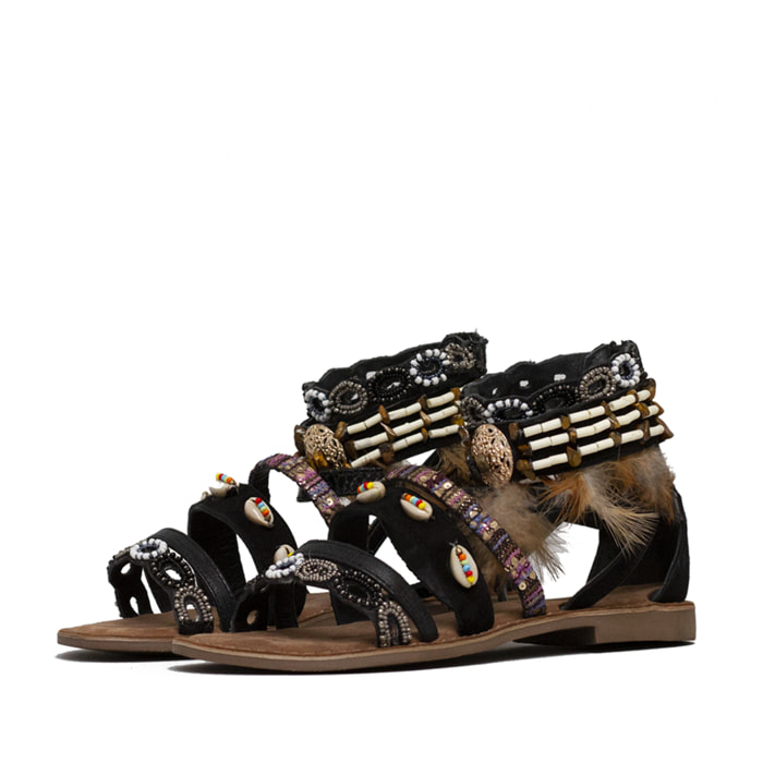 SANDALO PIUME CHOCOLA' VERA PELLE NERO