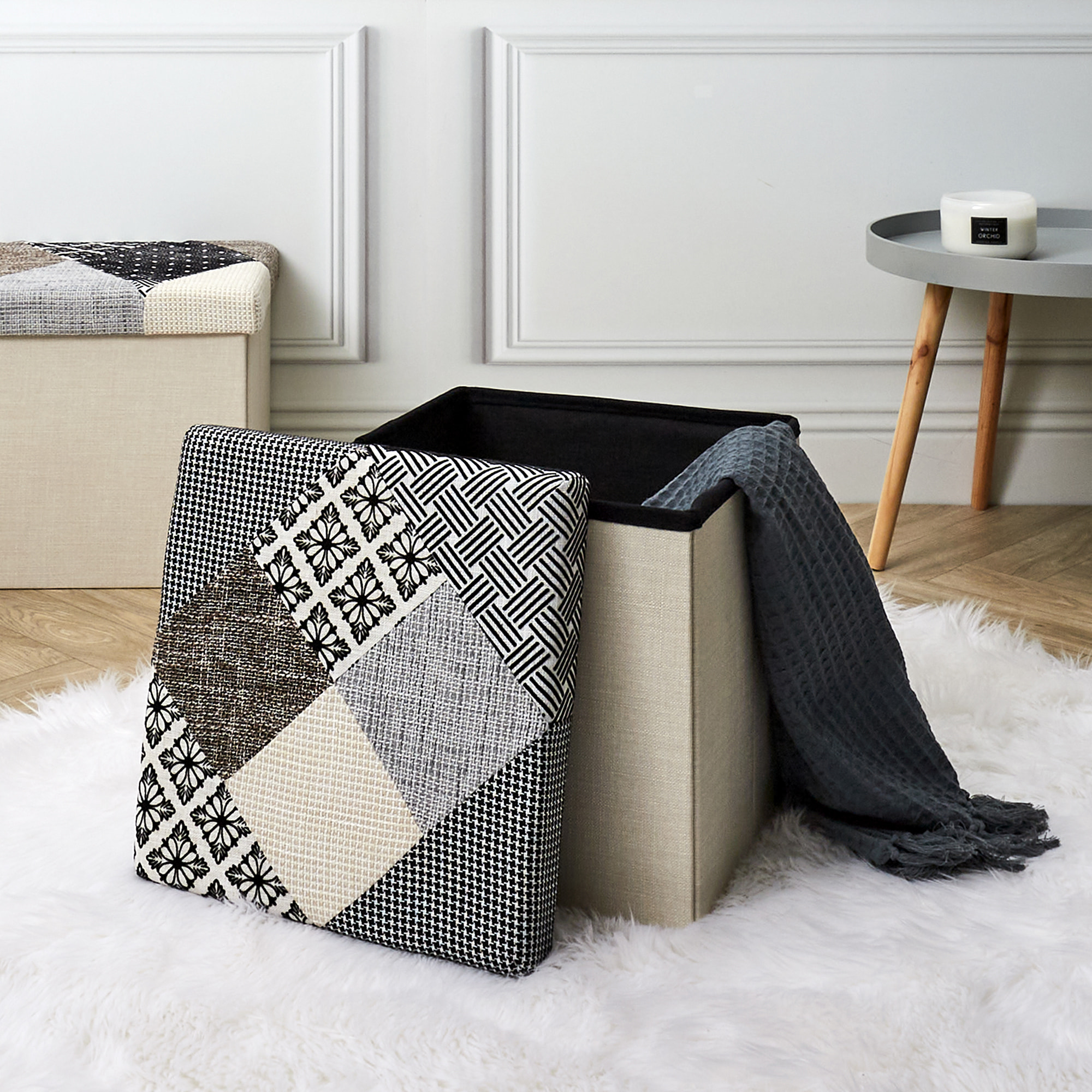Coffre Pouf Pliable Patchwork Gris
