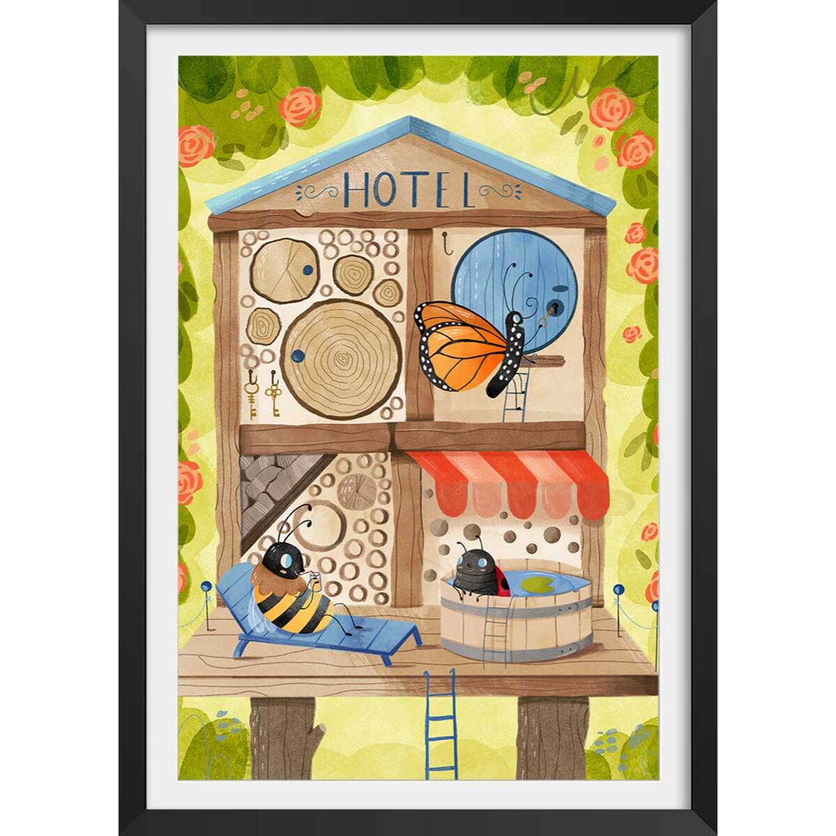 Affiche enfant hôtel pour insectes  Affiche + cadre en bois - Noir