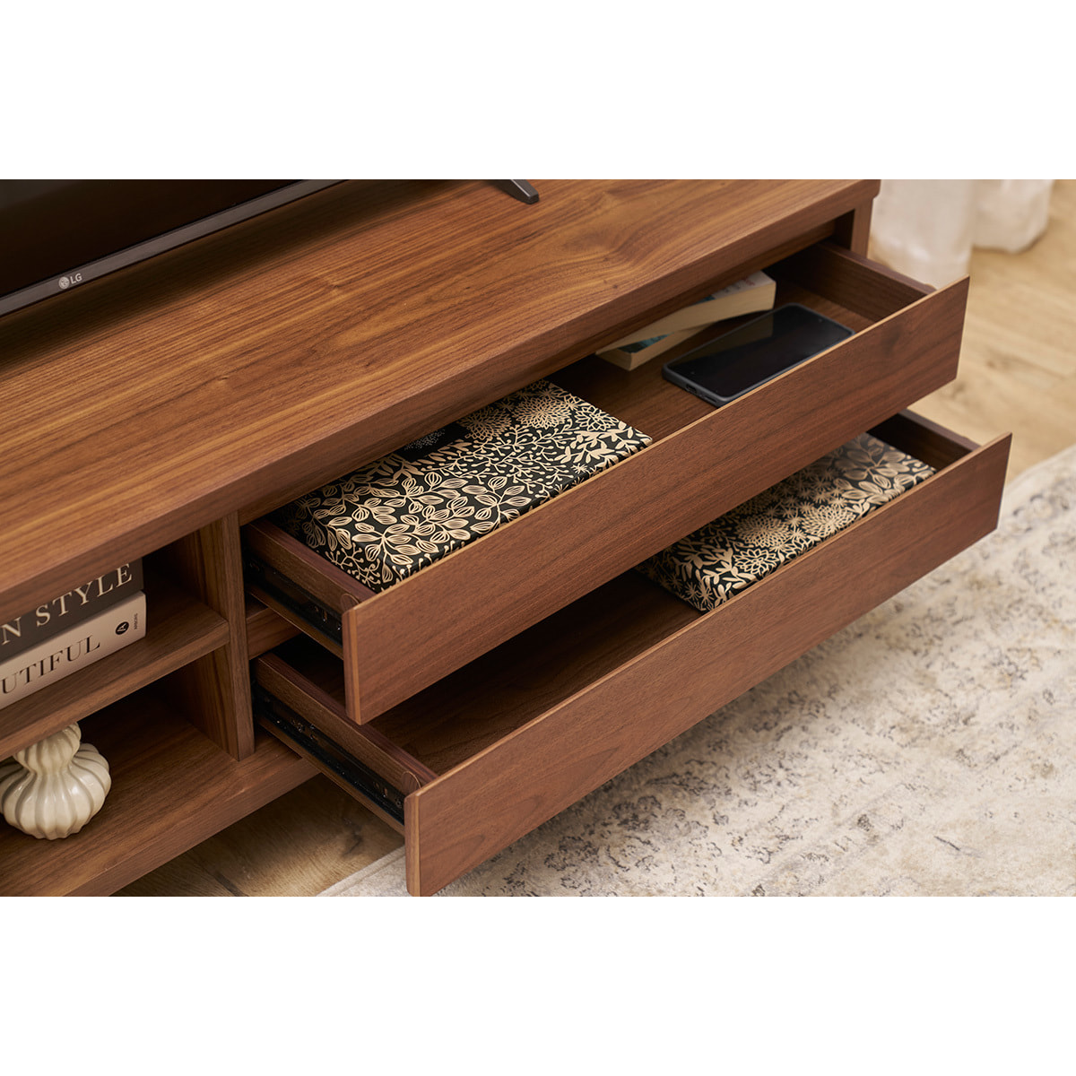 Meuble TV vintage bois foncé avec tiroirs L140 cm FIFTIES