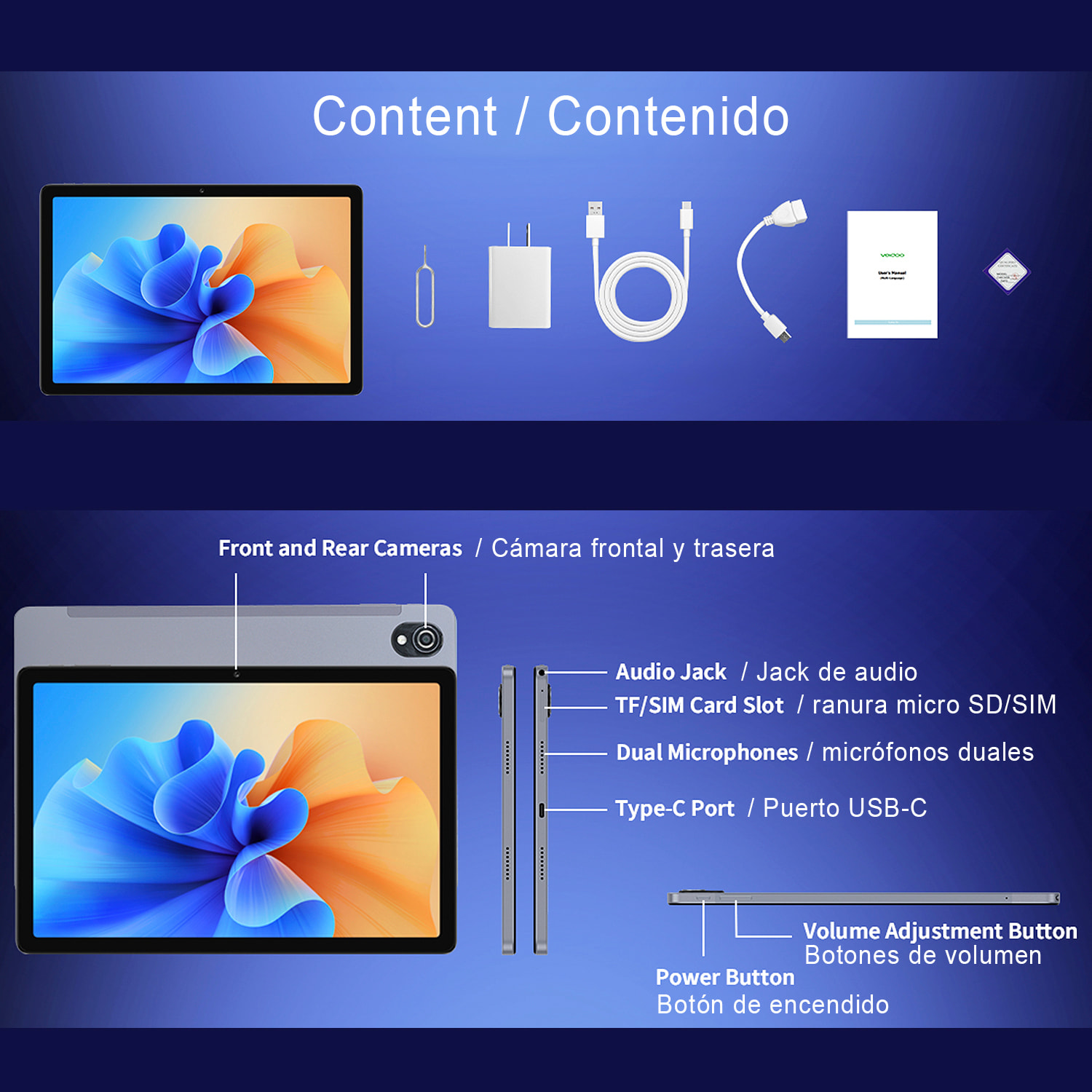 Tablet T606 2.4G+5G WiFi 6. SO Android 14. Schermo 10,95” 1280x800px. 6GB RAM + 6GB Virtual + 128GB. Doppia fotocamera 5 + 13mpx.