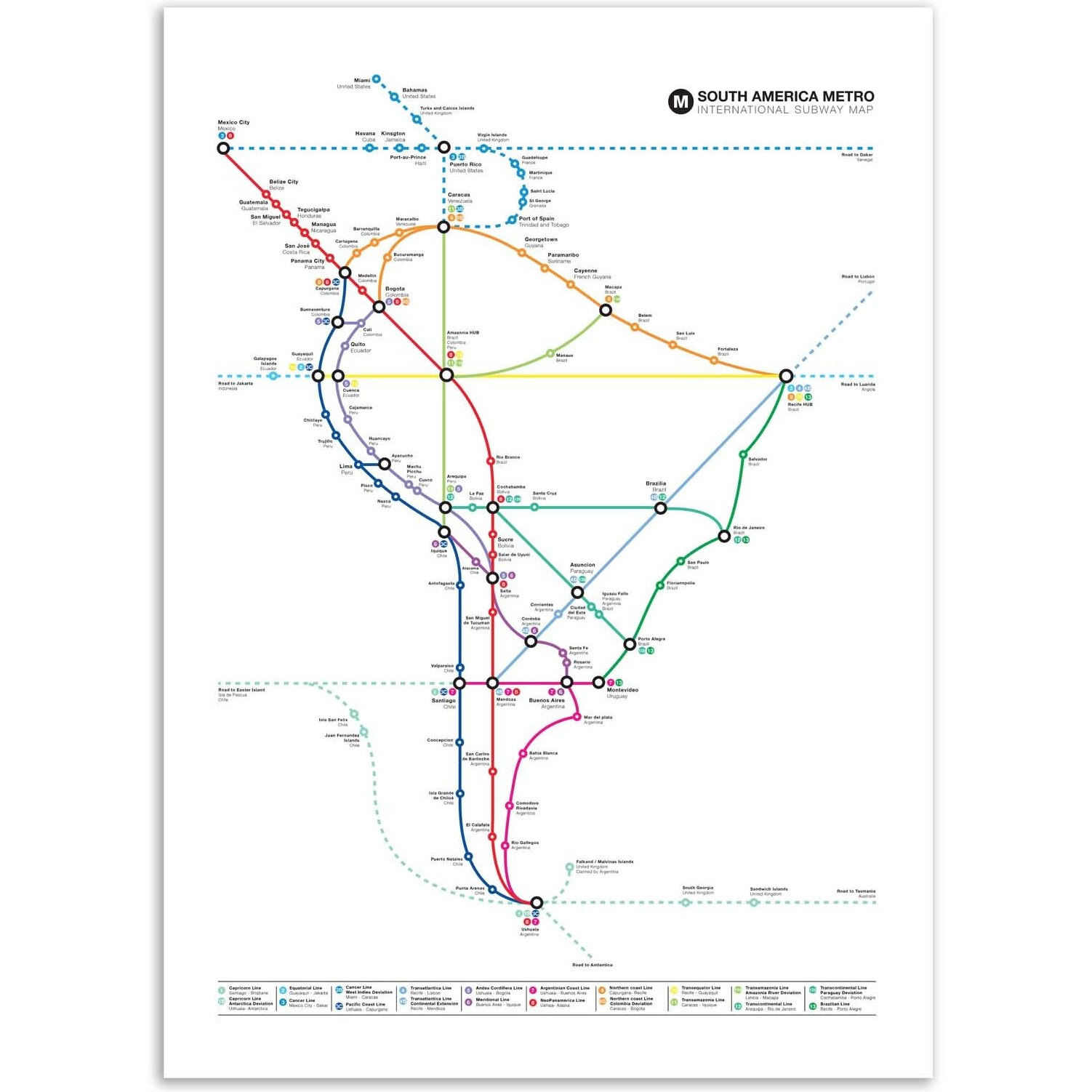 Affiche 50 x 70 cm - South America Metro Map - Olivier Bourdereau