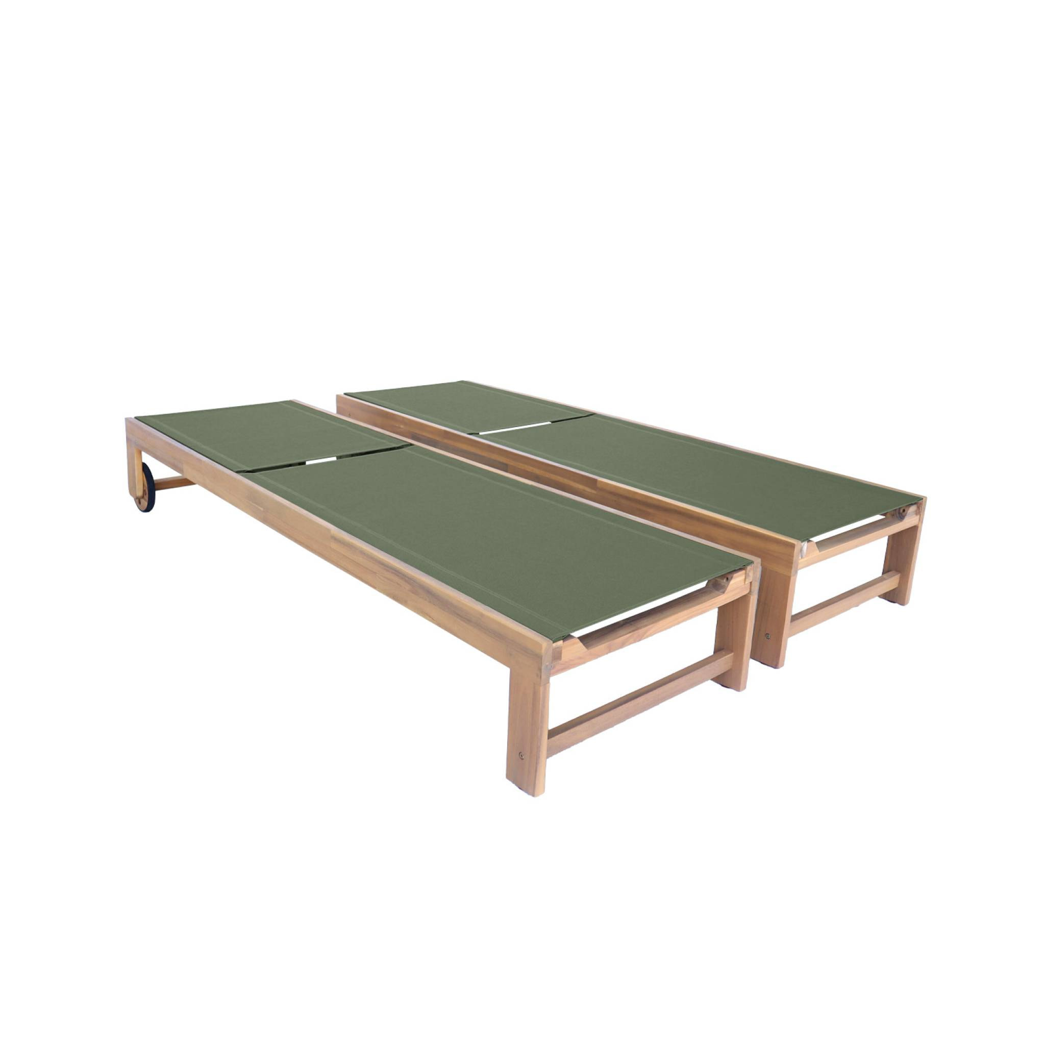Lot de 2 bains de soleil en bois d'acacia et textilène kaki. multi positions avec roulettes