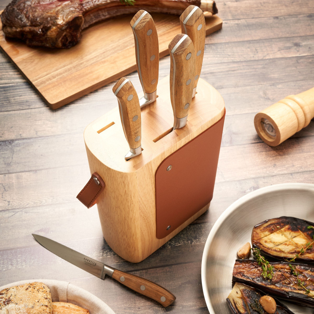 Yao - Bloc en bois d'hévéa pour 5 couteaux de cuisine