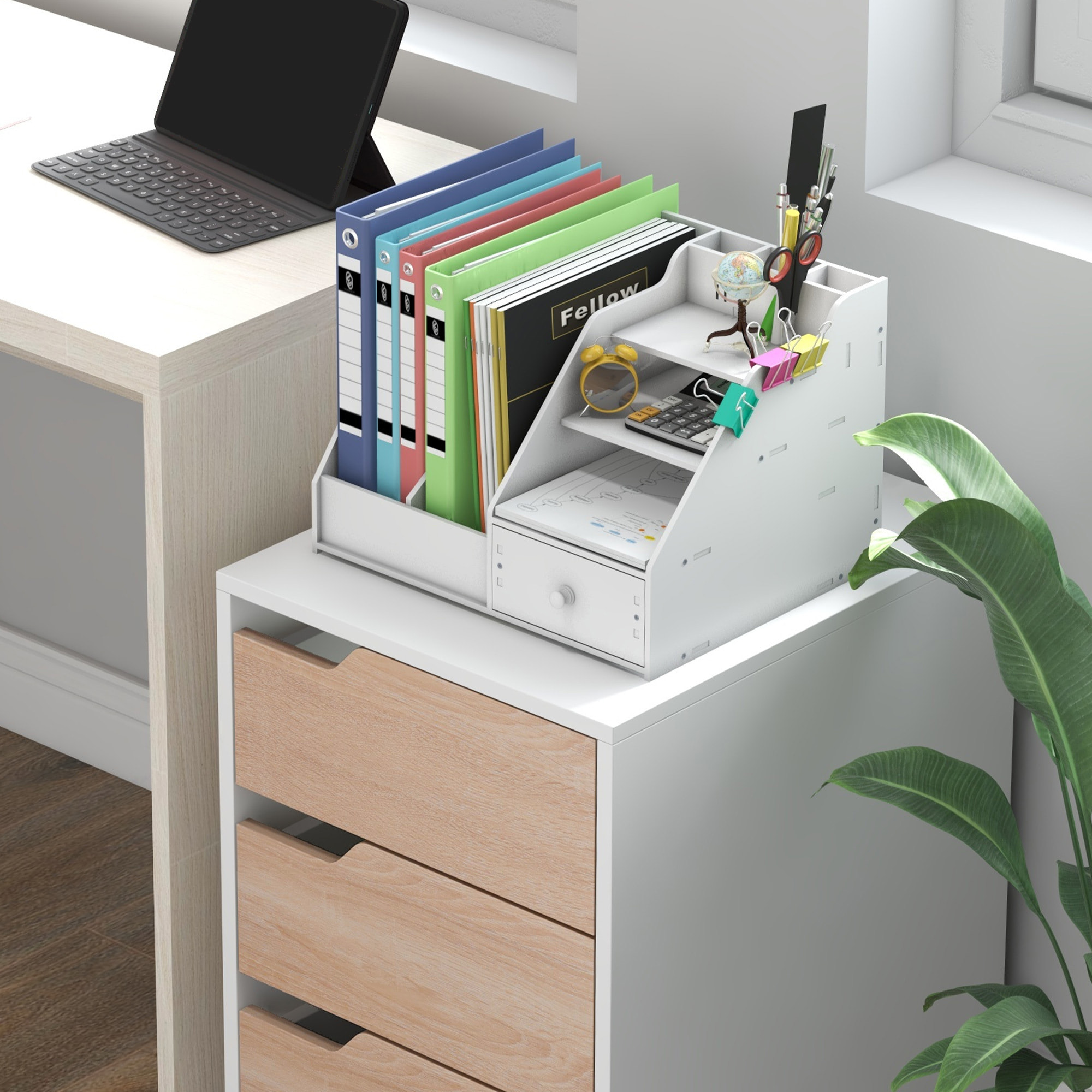 Caisson bureau mobile avec 3 tiroirs, meuble rangement bureau sur roulettes pour documents et imprimante, 40x50x57,5cm, blanc et aspect bois