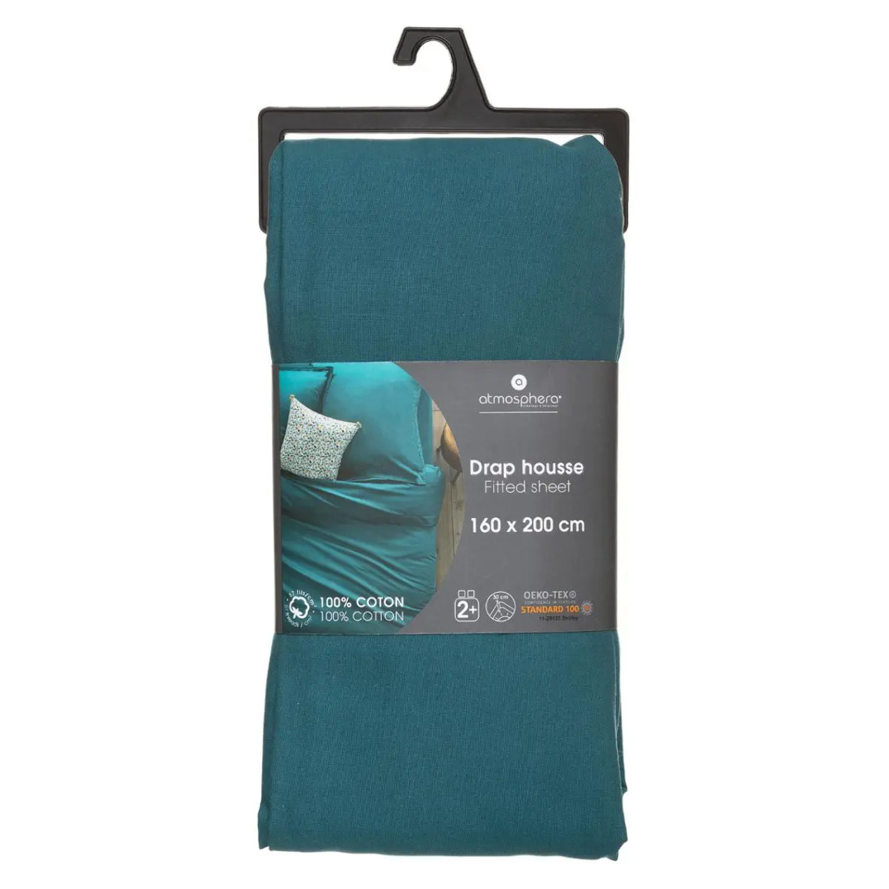Drap-housse en coton - bleu canard - bonnet H30cm - 160x200 cm