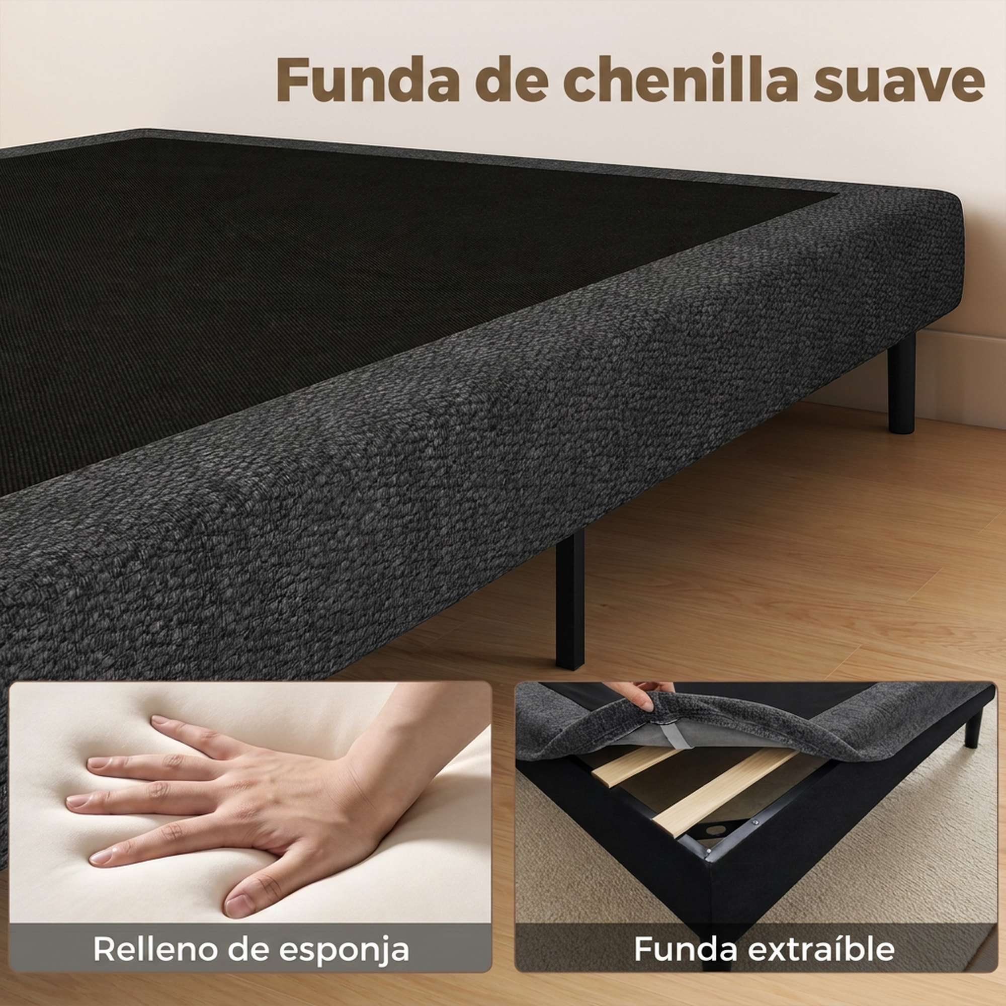 HOMCOM Cama Tapizada 144x195 cm con Funda de Chenilla, Marco de Cama Doble con Somier de Lamas de Madera, Patas de Acero, Diseño Moderno, Fácil Montaje, Carga 400 kg, Gris