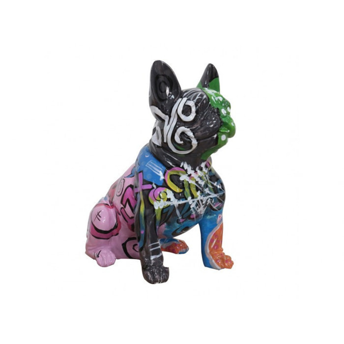 Statue chien bouledogue multicolore assis en résine noire H45cm - TAGY
