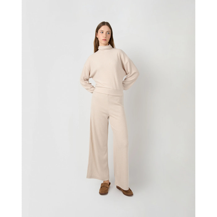 Set maglia pantaloni rib a coste beige
