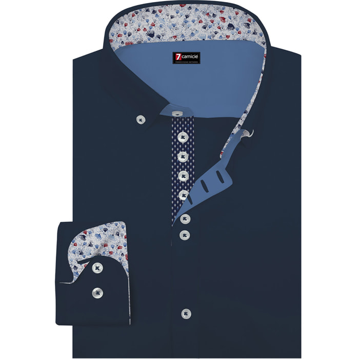Camicia Uomo 1 Bottoni Button Down Slim Popeline Stretch Unito Blu