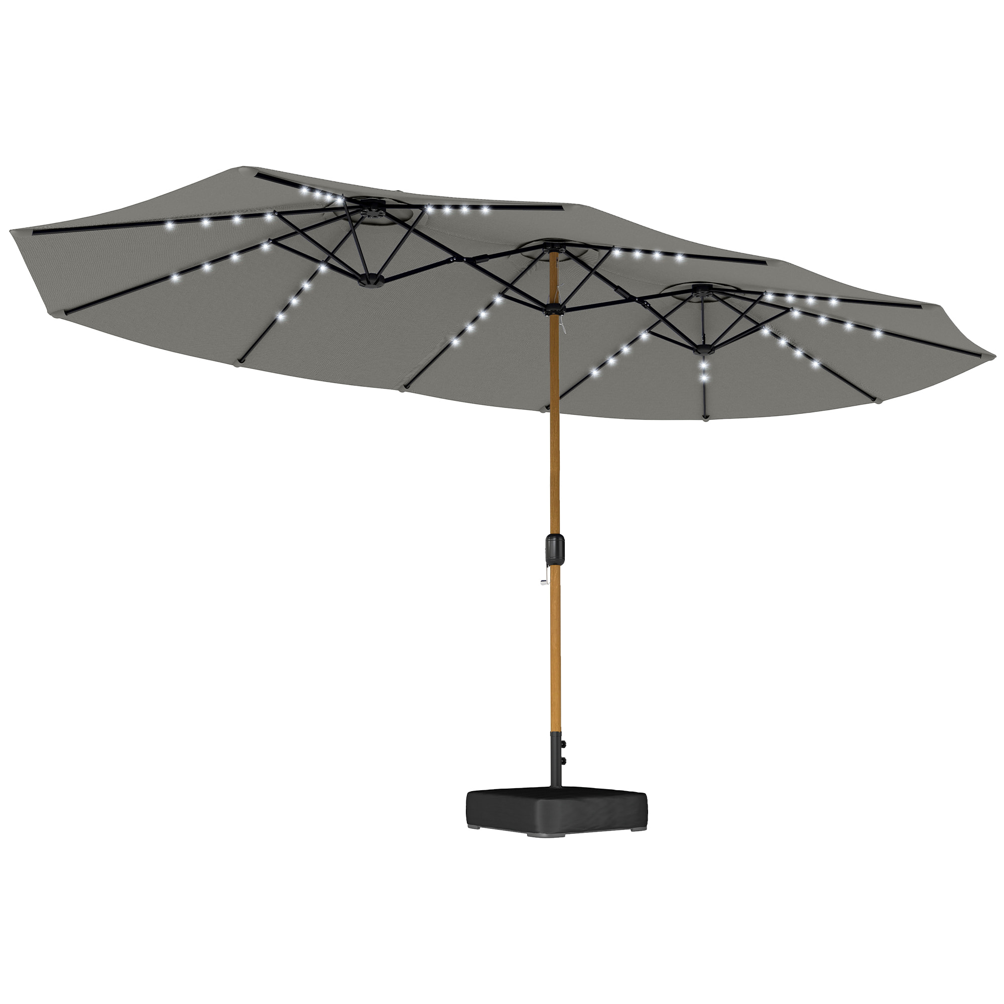 Sombrilla Doble con 48 Luces LED, 4,6x2,6 m, Sombrilla Terraza Exterior con Base Incluida, Manivela, Sacos Arena, Funda, Anti-UV, Resistente al Agua, Parasol para Jardín, Terraza, Gris