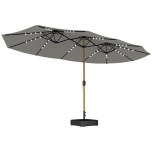 Sombrilla Doble con 48 Luces LED, 4,6x2,6 m, Sombrilla Terraza Exterior con Base Incluida, Manivela, Sacos Arena, Funda, Anti-UV, Resistente al Agua, Parasol para Jardín, Terraza, Gris