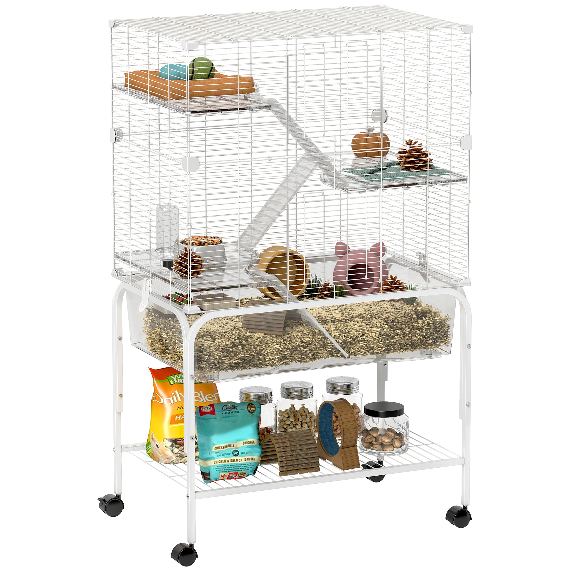Jaula para Animales Pequeños de 4 Niveles con Ruedas Jaula para Roedores con Bandeja Profunda Rampas Plataformas Comedero y Bebedero Recinto para Chinchillas Hurones Hámster 73x47x123 cm Blanco