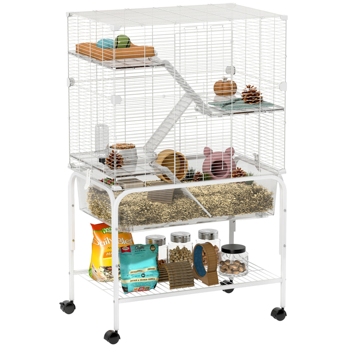 Jaula para Animales Pequeños de 4 Niveles con Ruedas Jaula para Roedores con Bandeja Profunda Rampas Plataformas Comedero y Bebedero Recinto para Chinchillas Hurones Hámster 73x47x123 cm Blanco