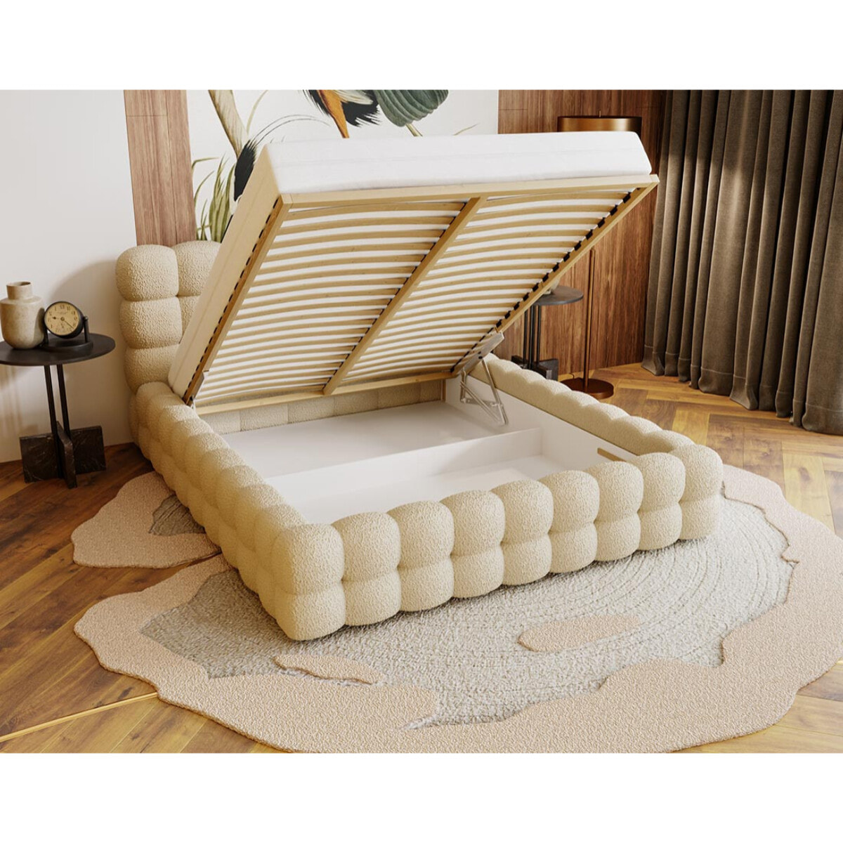Darling - lit coffre - 160x200 cm - sommier inclus - en tissu bouclette - Beige