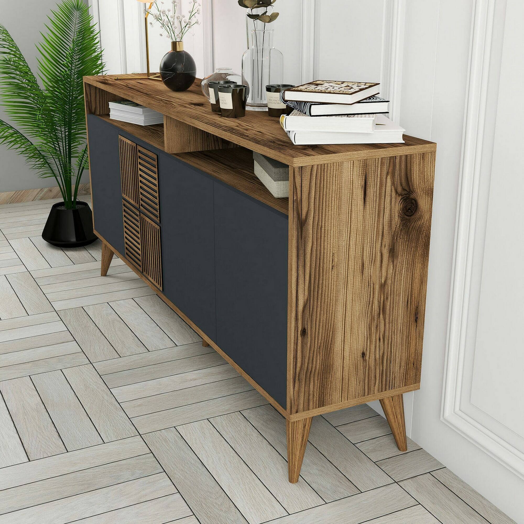 Credenza Dpiccion, Buffet da soggiorno, Madia da salotto, Dispensa da cucina, 160x35h79 cm, Noce e Antracite