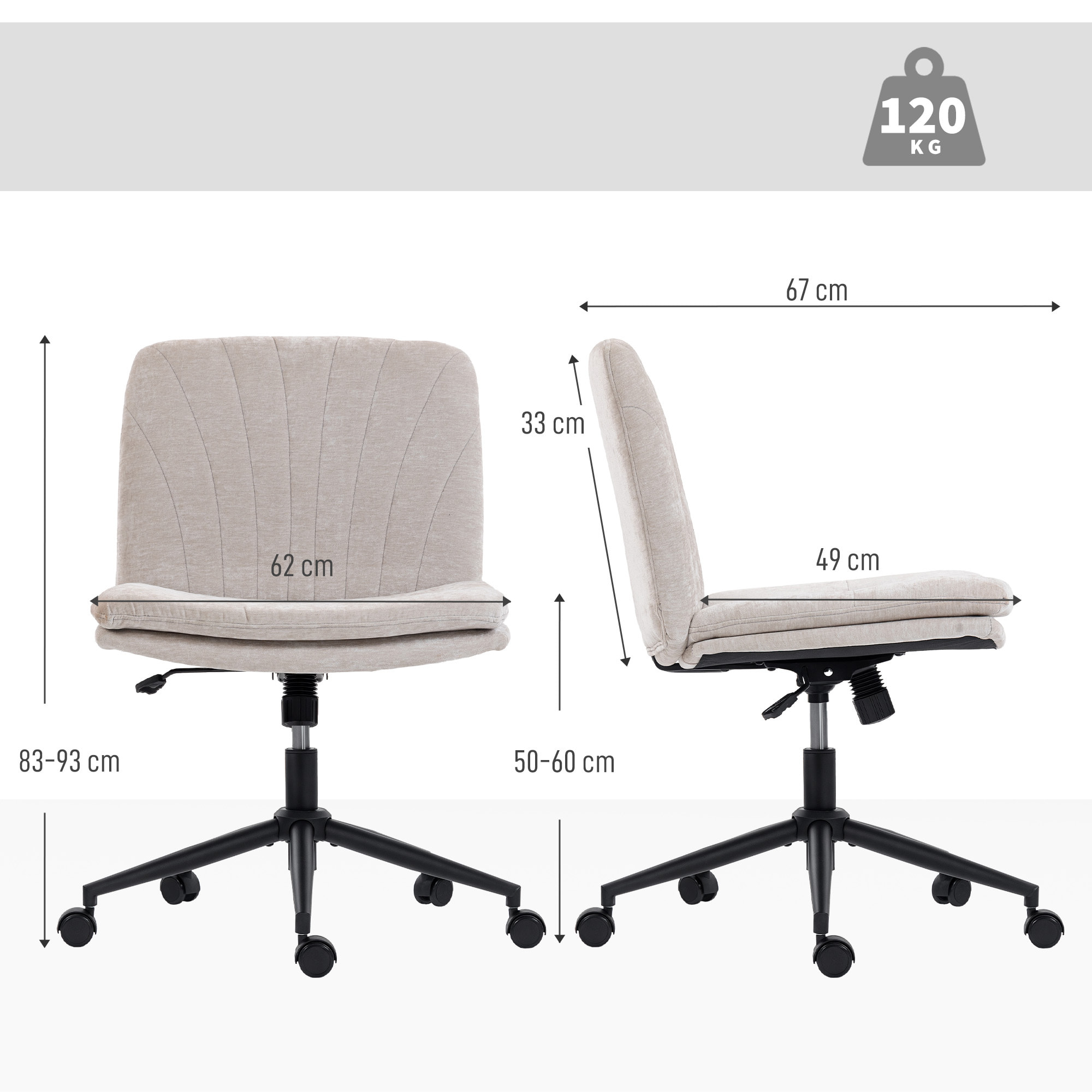 Silla de Oficina Piernas Cruzadas, Silla de Escritorio con Asiento Ancho, sin Reposabrazos, Ruedas, Altura Ajustable, Giratoria, Función Basculante, Tapizada en Chenilla, Beige
