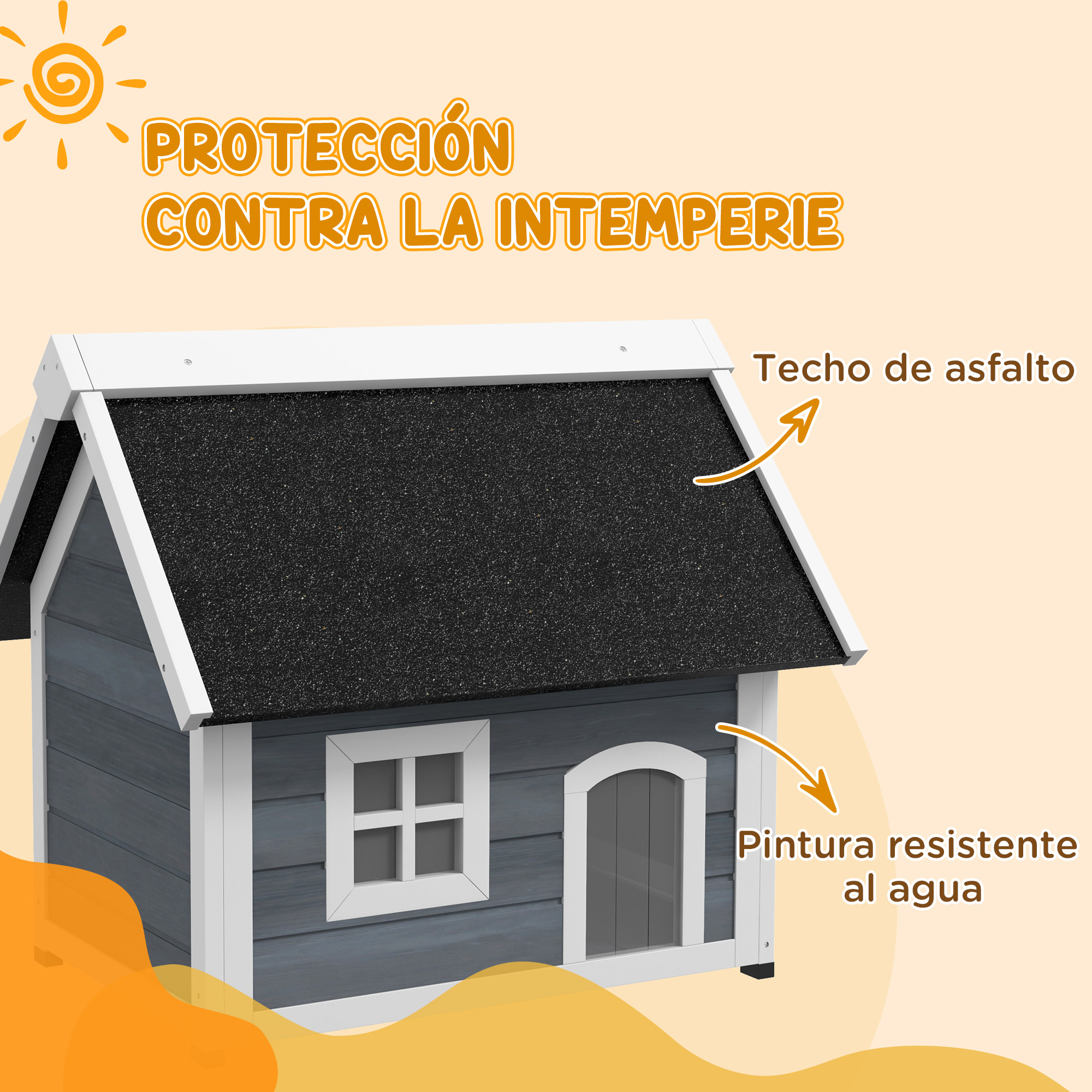 PawHut Casa para Gatos de Madera Caseta para Gatos con Techo Asfáltico Abatible Ventana y Puertas con Cortina Refugio para Mascotas para Exterior 77x57,5x68 cm Gris y Negro