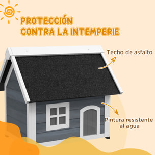PawHut Casa para Gatos de Madera Caseta para Gatos con Techo Asfáltico Abatible Ventana y Puertas con Cortina Refugio para Mascotas para Exterior 77x57,5x68 cm Gris y Negro