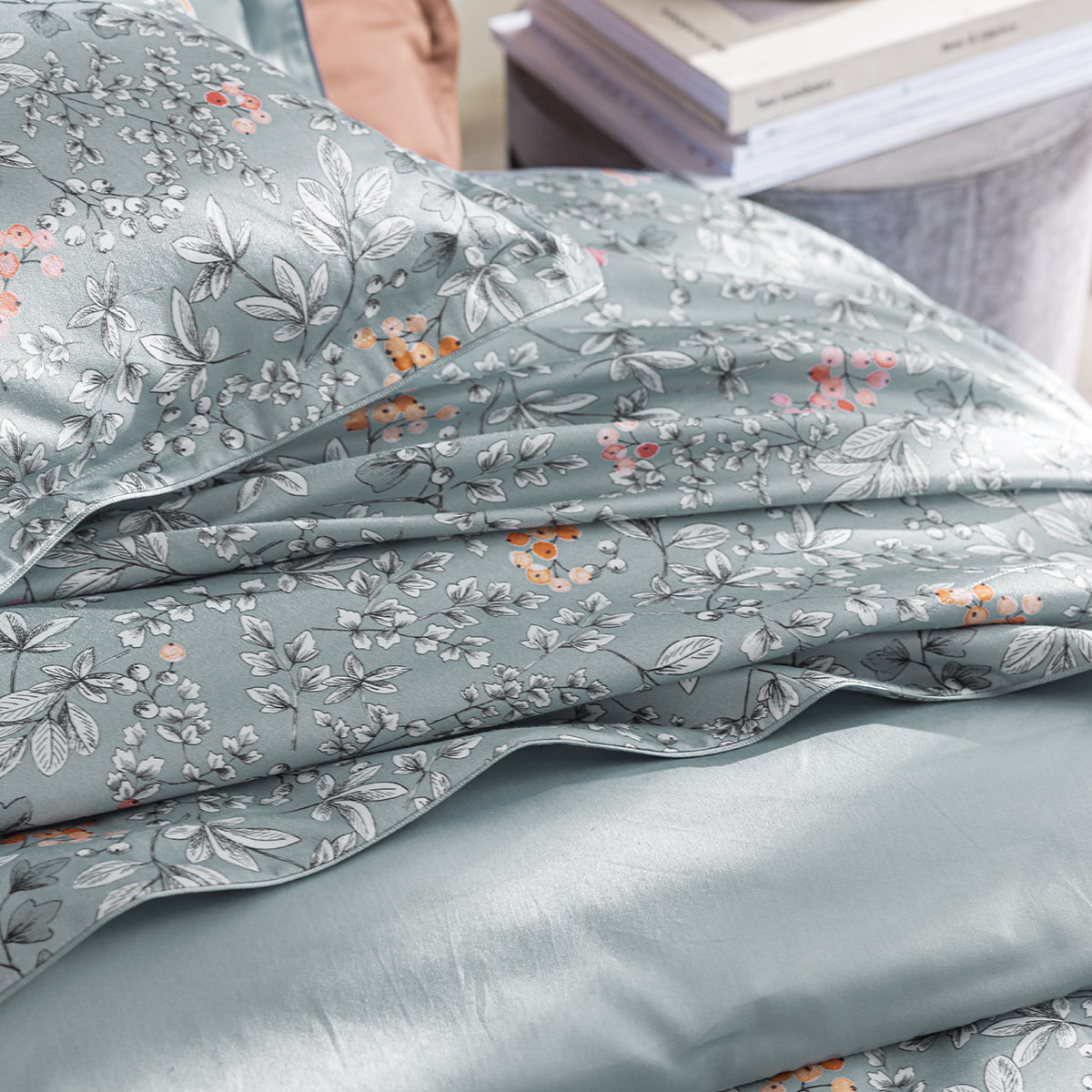 Housse de couette imprimée en satin de coton bio, CUEILLETTE, Bleu baltique