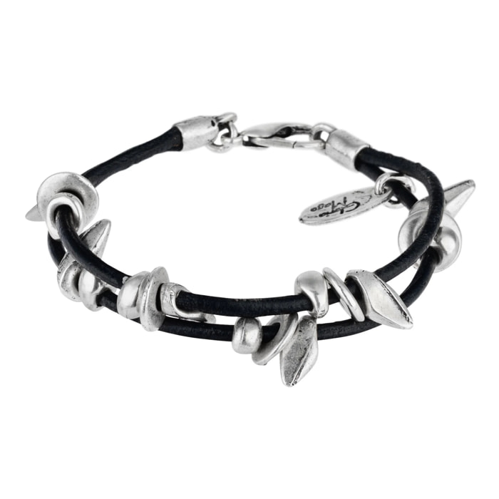 Pulsera cuero negro-plata chapado