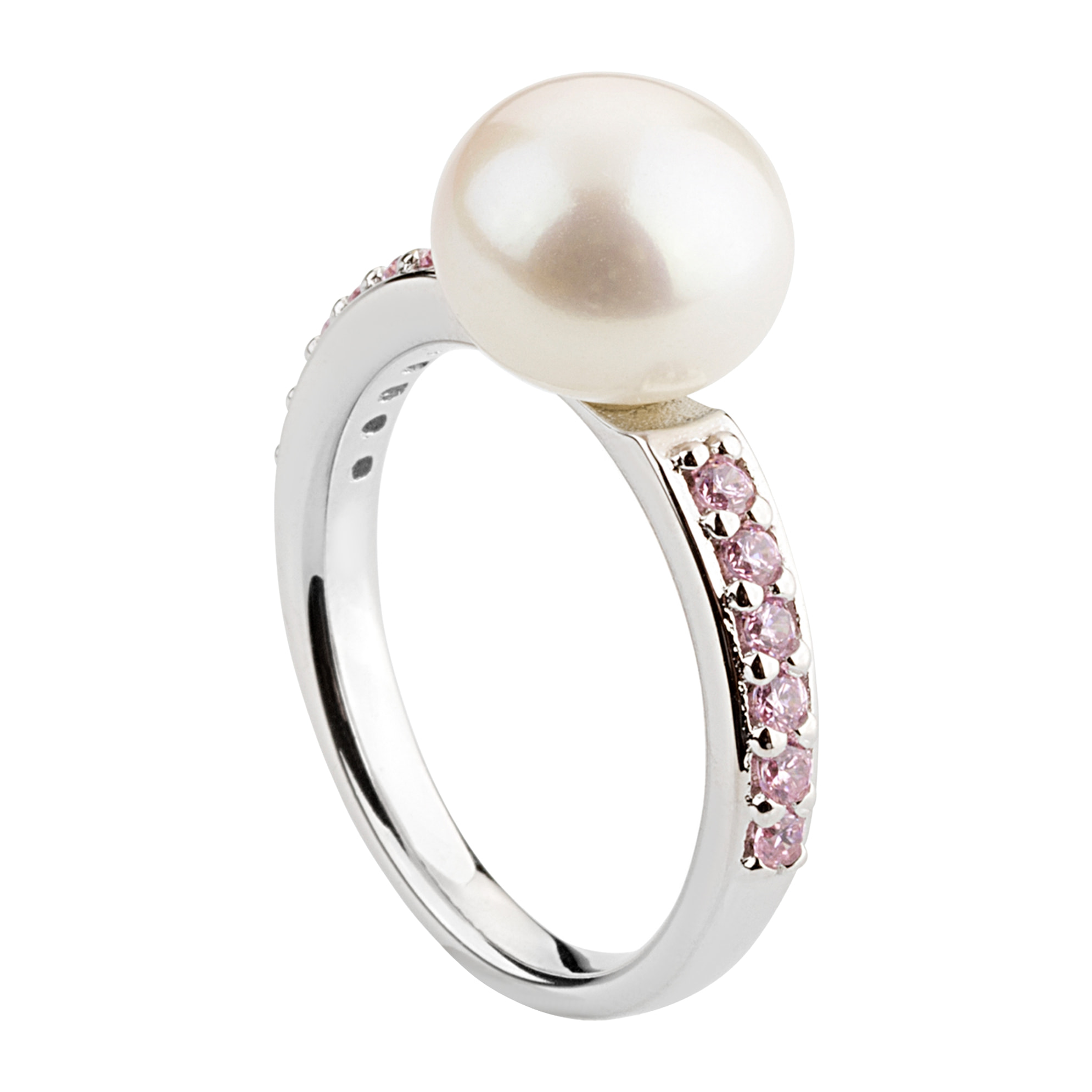 PERLAVIVA - Anello Solitario in Argento 925 placcato Oro Bianco 18Kt con Cubic Zirconia Rosa e Perla Bianca d'Acqua Dolce Ø 9 mm