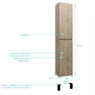 Meuble colonne pour salle de bains 2 portes finition chêne Naturel - 30x25x150 - TIMBER
