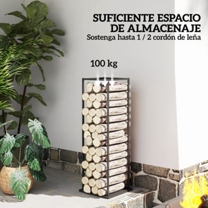Estante de Leña Metálico, Soporte para Leña de Chimenea, Leñero Exterior con Base Elevada, para Interior y Exterior, Carga 100 kg, 33x33x110 cm, Negro