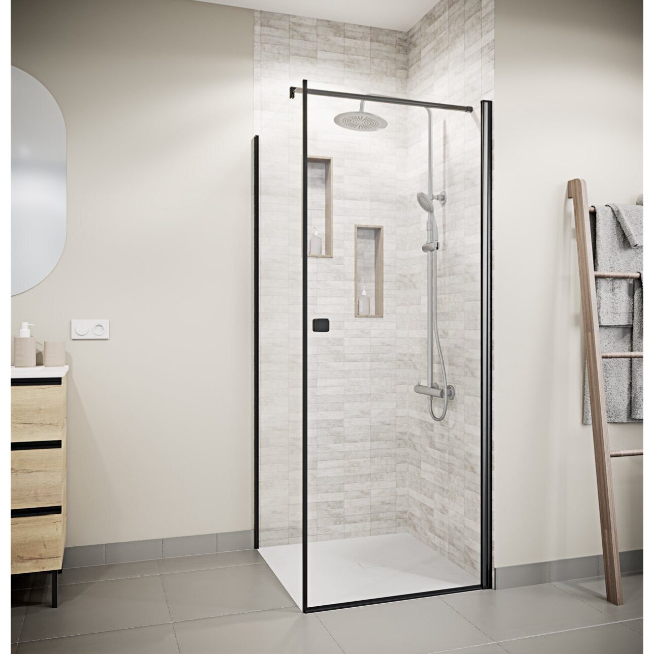 Porte de Douche Pivotante 70x180cm et Retour 90cm - Profil Noir - Verre 5mm - DARK ELEMENTARY