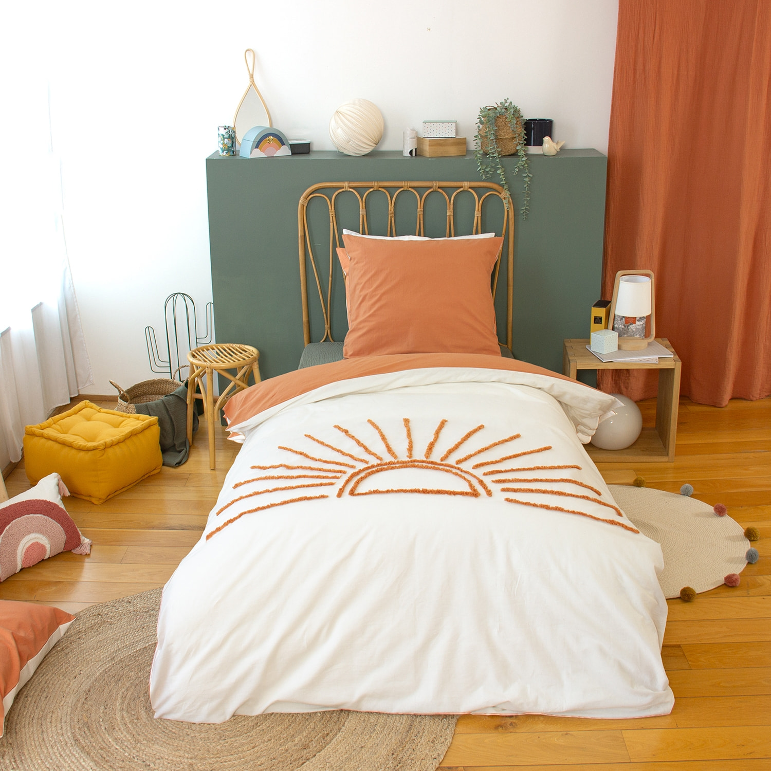 Parure de lit coton tufté réversible imprimé soleil blanc/terracotta 1 place 140 x 200cm - Solino