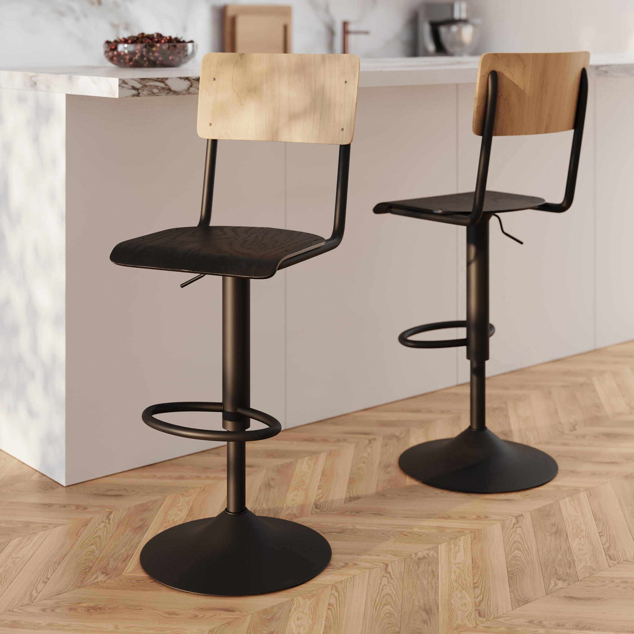 Lot de 2 chaises de bar réglables 60/80 cm en bois clair et noir - Clem