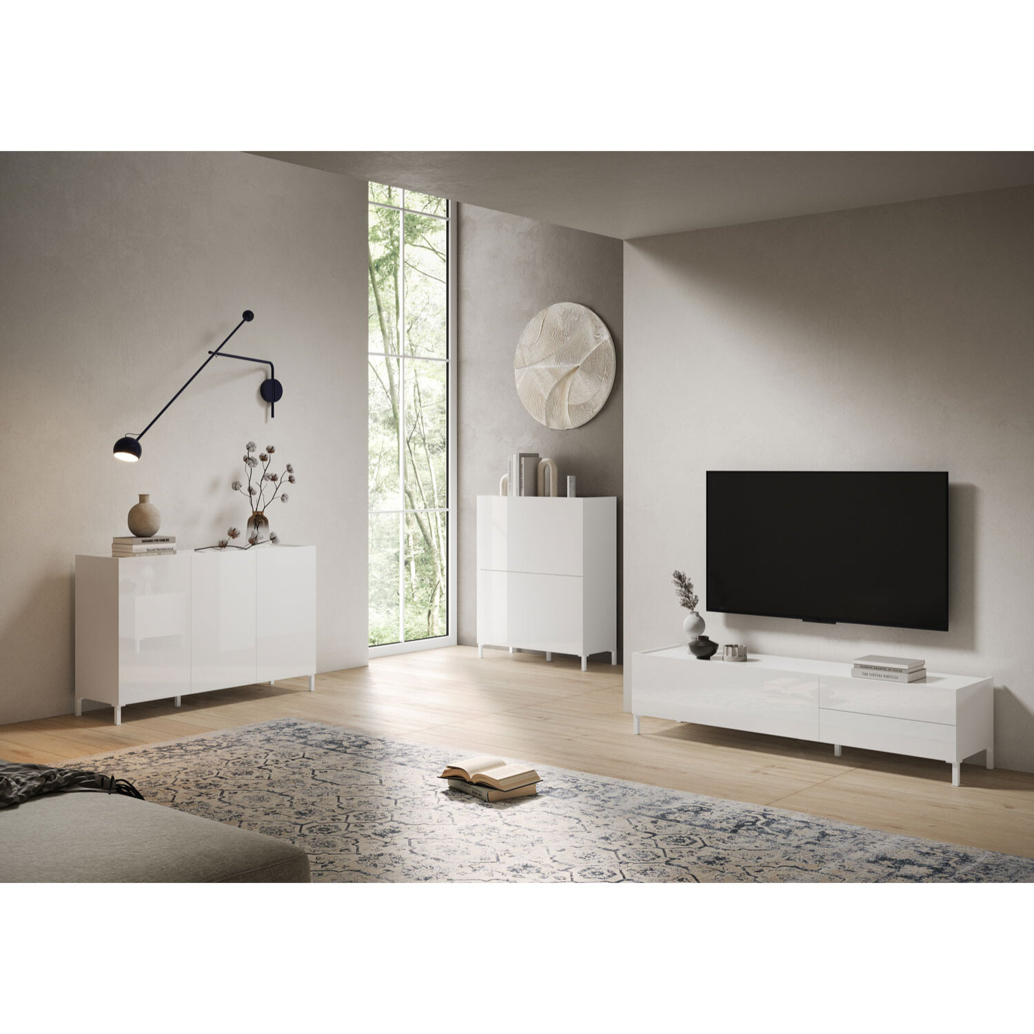 Meuble de TV 1 puerta abatible y 2 cajones 160x42x40 cm Solaria blanco brillante