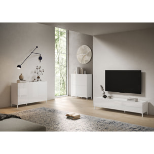 Meuble de TV 1 puerta abatible y 2 cajones 160x42x40 cm Solaria blanco brillante