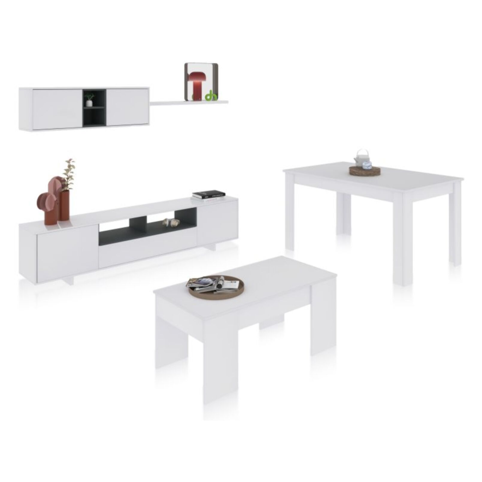 Pack salón con mesa de centro y mesa de comedor Kenzo Max V2B Blanco Brillo - Gris Antracita